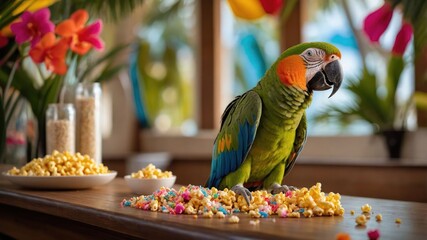 A colorful parrot surrounded by popcorn in a vibrant, tropical setting.