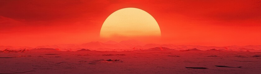 Fototapeta premium Majestic Sunset Over a Snow-Covered Landscape with Vibrant Red Sky and Sun