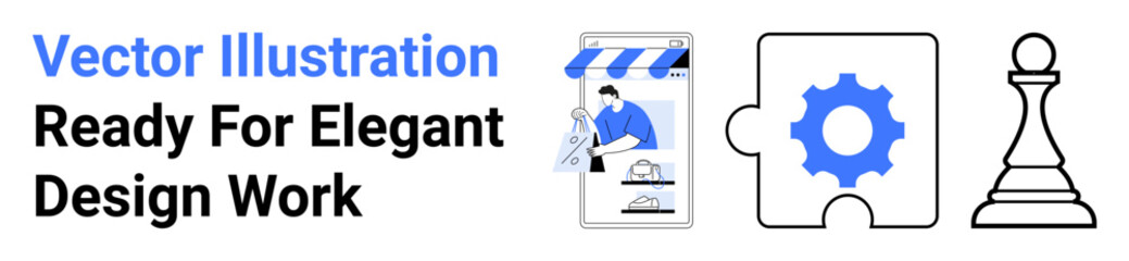 Smartphone with online store, gear puzzle piece, and chess pawn symbolizing creativity, strategy, and leadership. Ideal for business, e-commerce, innovation, planning teamwork management flat