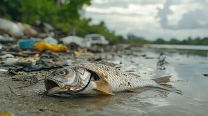 Fototapeta premium Polluted Beach with Fish Washed Up on the Shore