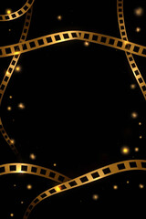 Naklejka premium Dark background adorned with golden and black film strips that elegantly curve around the edges