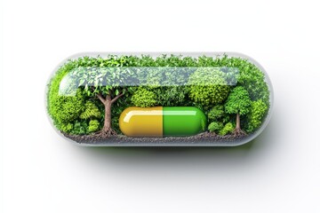 A green capsule filled with lush greenery and trees, symbolizing the fusion of nature and health.