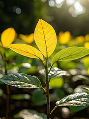 Obraz premium Close-up of yellow leaves on a branch, illuminated by sunlight.