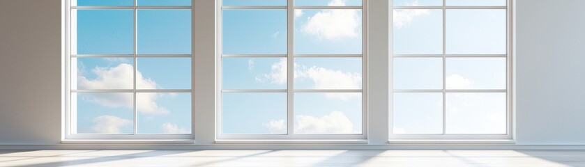Bright and Airy Room with Large Windows Overlooking Blue Sky and White Clouds in Minimalist Style Interior Space