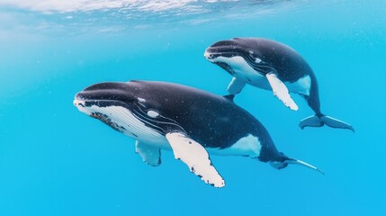 Obraz premium Two Humpback Whale Calves Swimming Underwater