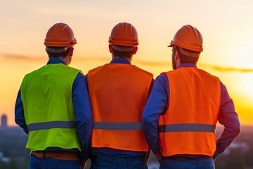 Group of construction workers wearing safety vests and helmets standing at sunset jobsite symbolizing teamwork industrial labor and workforce dedication in urban infrastructure development