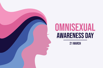 Omnisexual Awareness Day poster vector illustration. Female head in profile with long rainbow hair icon. LGBT omnisexual pride flag symbol. Template for background, banner, card. 21 March