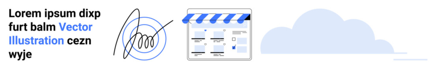 Online storefront icon with striped awning, graph with a signature, and a cloud symbol. Ideal for e-commerce, digital marketing, business analytics, online services, cloud computing, financial