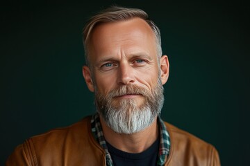 Obraz premium Portrait of a Mature Man with Gray Beard in Leather Jacket Against Green Background