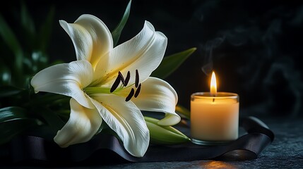A white lily and black ribbon on the table, with a burning candle in front of it. They symbolize both sorrowful and gentle emotions for the loss of life.