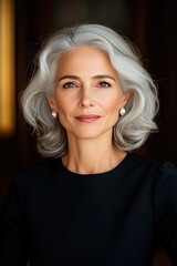 Fototapeta premium Confident Mature Woman with Gray Hair in Stylish Black Attire Posing with Graceful Expression and Pearl Earrings