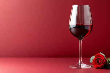 Elegant glass of red wine beside a fresh rose on a vibrant red background