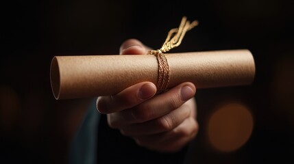 Hand Holding Diploma Scroll in Graduation Ceremony: Symbol of Achievement and Education Success