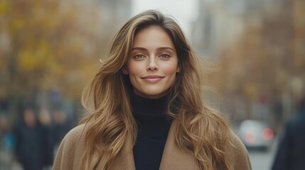 Obraz premium Confident Woman with Long Hair in Autumn Cityscape