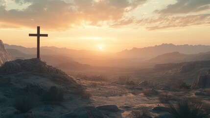 Fototapeta premium A vast desert with a solitary cross standing in the distance under a dramatic sky.