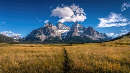 Fototapeta premium Majestic mountain range, golden meadow path, sunny day, scenic landscape, travel photography