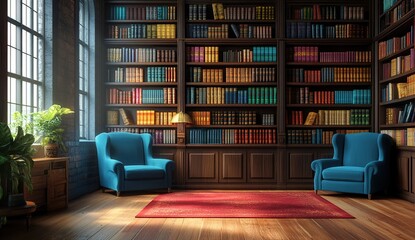 Explore a Serene Library: Bookshelves Filled with Volumes, Comfortable Armchairs, and Sunlit Window, Perfect Reading Nook