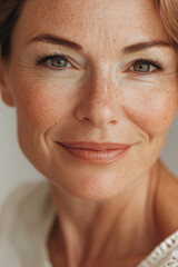Close-up portrait of a mature woman with freckles, wrinkles, and a confident, warm smile.