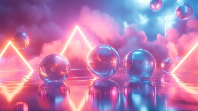 Spheres and triangles glow with vibrant colors in a dreamscape - Powered by Adobe
