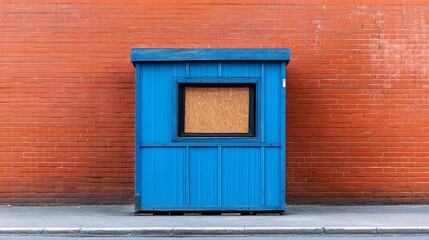 Fototapeta premium A segment of a construction change house--a temporary blue structure used by builders--positioned beside a brick wall, emphasizing the concept of selling portable change houses