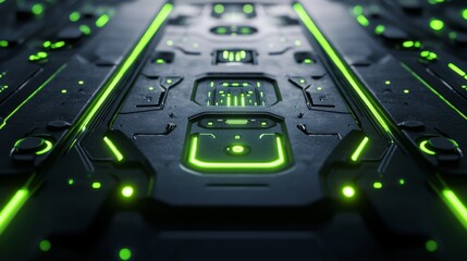 Futuristic technology interface illuminated with vibrant green glowing lines