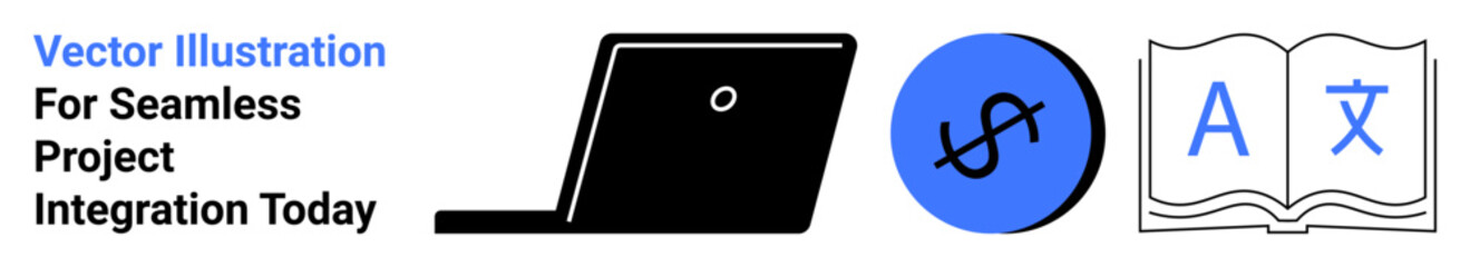 Laptop, currency symbol, open book with language symbols. Ideal for business, finance, globalization, translation, education teamwork marketing. Perfect for flat landing page banner