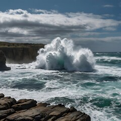 Crashing Waves Against Coastal Rocks