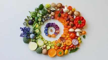 Rainbow vegetable arrangement, flat lay, white background, healthy food, recipe inspiration