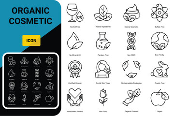 Organic Cosmetic line icon set. Skincare, organic fragrance and colors, no animal testing