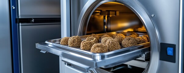 Drying process for pet food kibble kitchen product demonstration home environment close-up view innovative dryer design