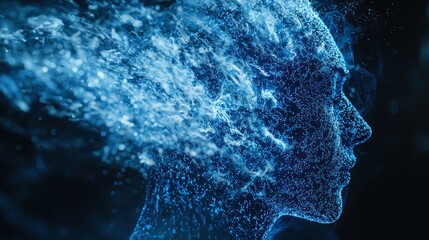 Digital human head dissolving into particles, dark background
