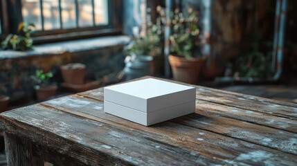 White Box on Rustic Wooden Table in Greenhouse Setting