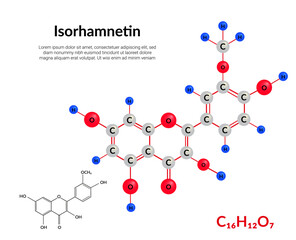 Isorhamnetin plant flavonol, molecular structure formula, ball-and-stick model, suitable for education or chemistry science content. Vector illustration