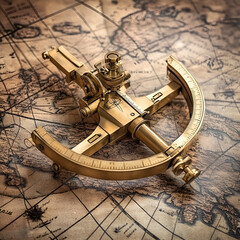 Antique brass sextant, vintage and detailed, resting on an old world map, exploration concept