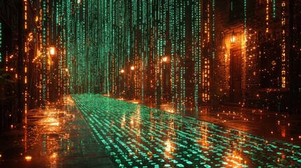 Digital rain in cyberpunk city street at night