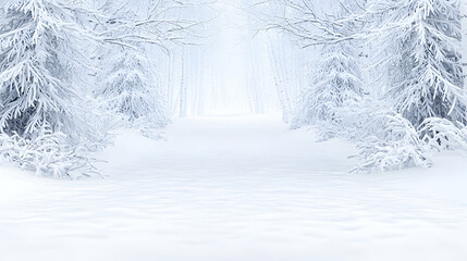 Fototapeta premium Snowy path through winter forest, misty background, winter wonderland, ideal for holiday cards