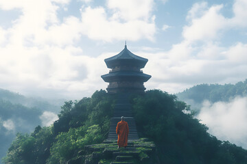 Monk on a Mountain with a buddhist tempel, traditional pagoda, buddhism religion