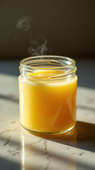A jar of golden liquid, possibly a type of oil or fat, sitting on a table with steam rising from it.