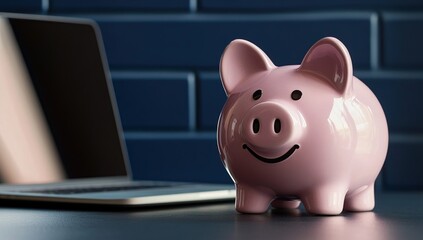 Achieve Financial Goals: Piggy Bank and Laptop Symbolize Online Savings Strategies for a Secure Future
