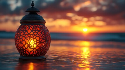 Serene Sunset: A Lit Lantern on the Beach