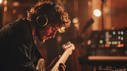 Focused male musician playing guitar in recording studio with headphones