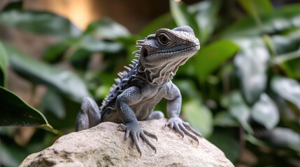 Frilled lizard emerging from behind thick foliage, stepping onto an open rock