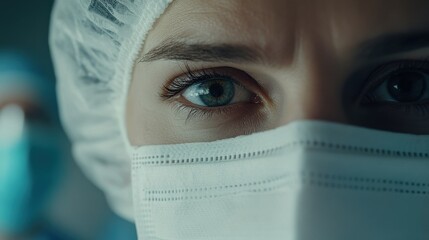 Close-up portrait of female healthcare professional in surgical mask and cap