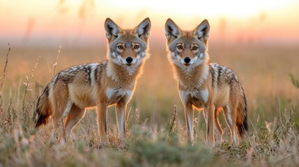 Obraz premium Two Coyotes Facing Forward at Sunrise