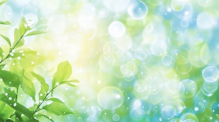 Fototapeta premium Bright green leaves glisten with water droplets in a vibrant, softly blurred background during daylight hours. Generative AI