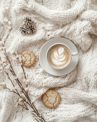 Biała filiżanka cappuccino i kruche ciasteczka na wełnianej narzucie 