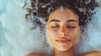 A woman relaxes in a bubble bath, eyes gently closed, embracing a moment of peace. The warm water and soothing bubbles create a serene atmosphere, promoting relaxation