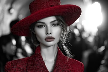 Elegant woman in stylish red hat and coat at fashion event