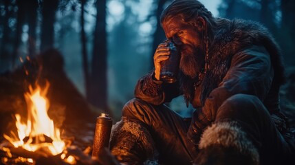 Fototapeta premium A lone Viking warrior sitting by a campfire in a dense forest, drinking ale from a leather flask, with his sword resting beside him and the glow of the fire reflecting on his face under the moonlight