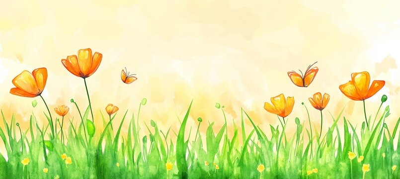 Watercolor Painting Orange Wildflower Meadow In Soft Tones, Floral Background With Butterflies